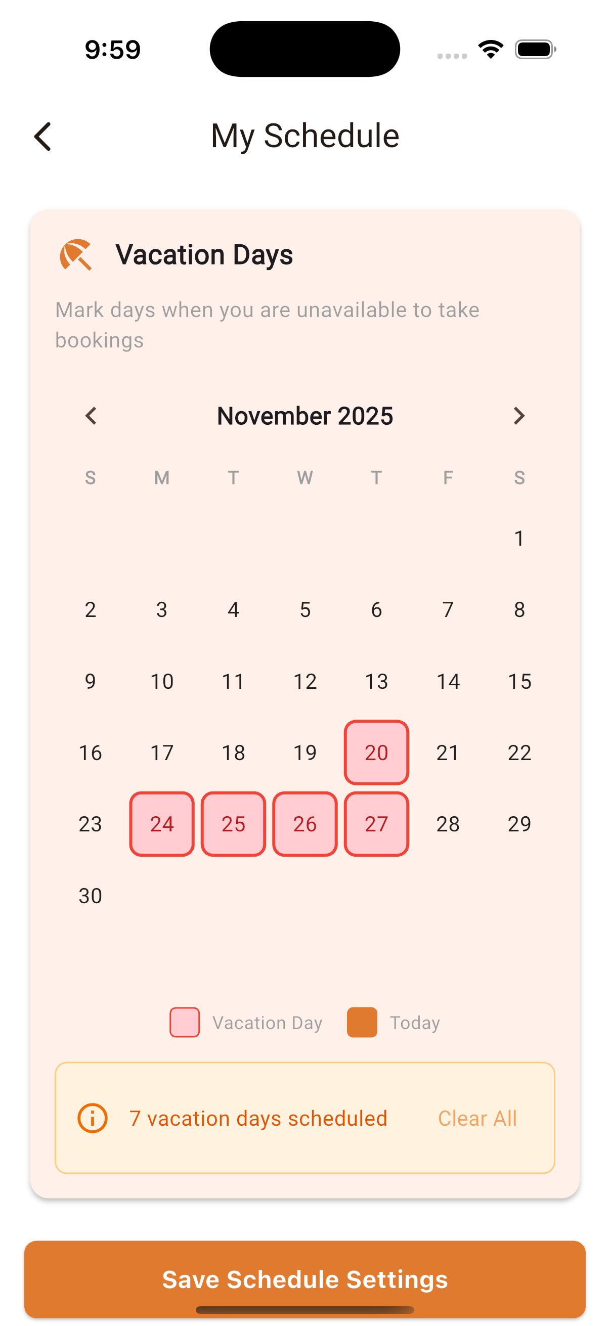 Set vacation dates/block time off
