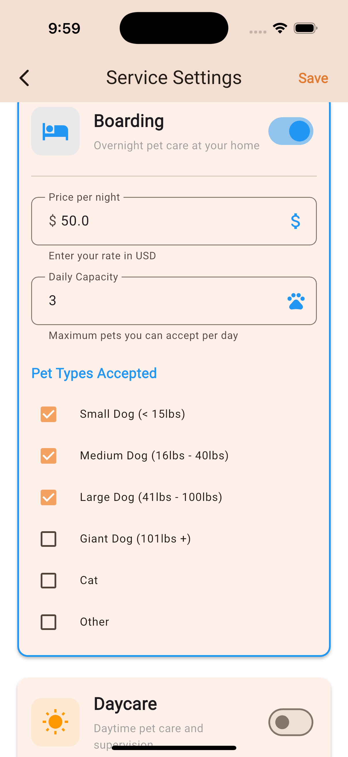 Set your offered services, and own pricing - 2